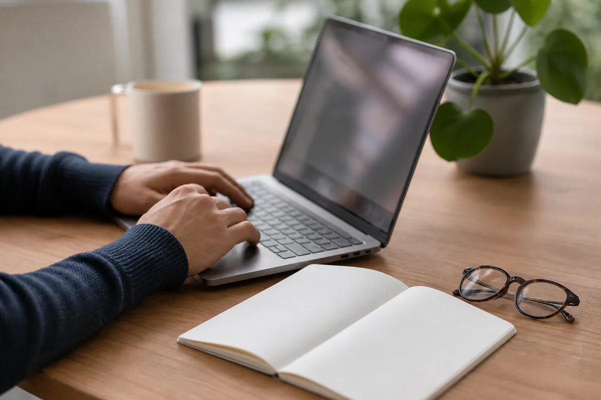 Bureau d’un particulier avec ordinateur portable ouvert et carnet de notes pendant une démarche administrative en ligne