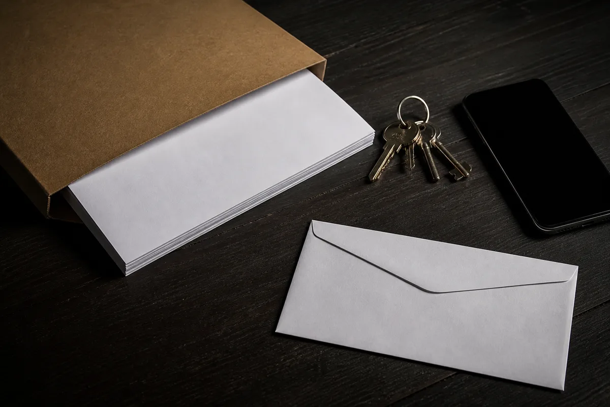 Récépissé et documents administratifs posés sur une table à côté d’un trousseau de clés