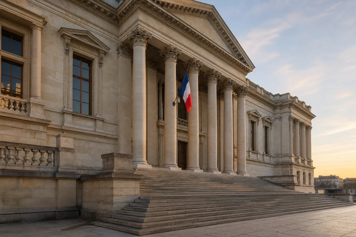 Façade d’un tribunal judiciaire français avec drapeau tricolore au petit matin