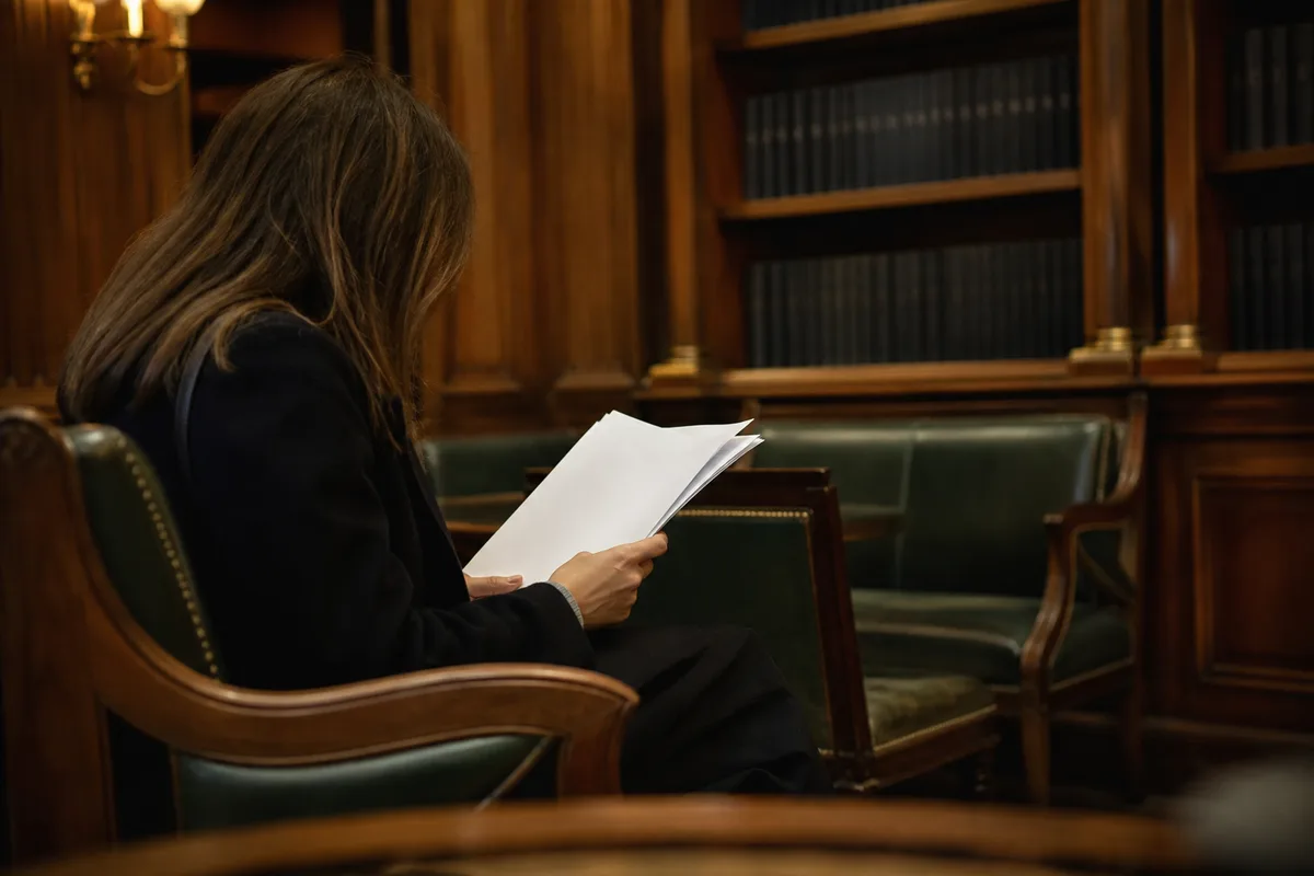 Salle d’attente d’un tribunal avec une personne consultant des documents avant son audience