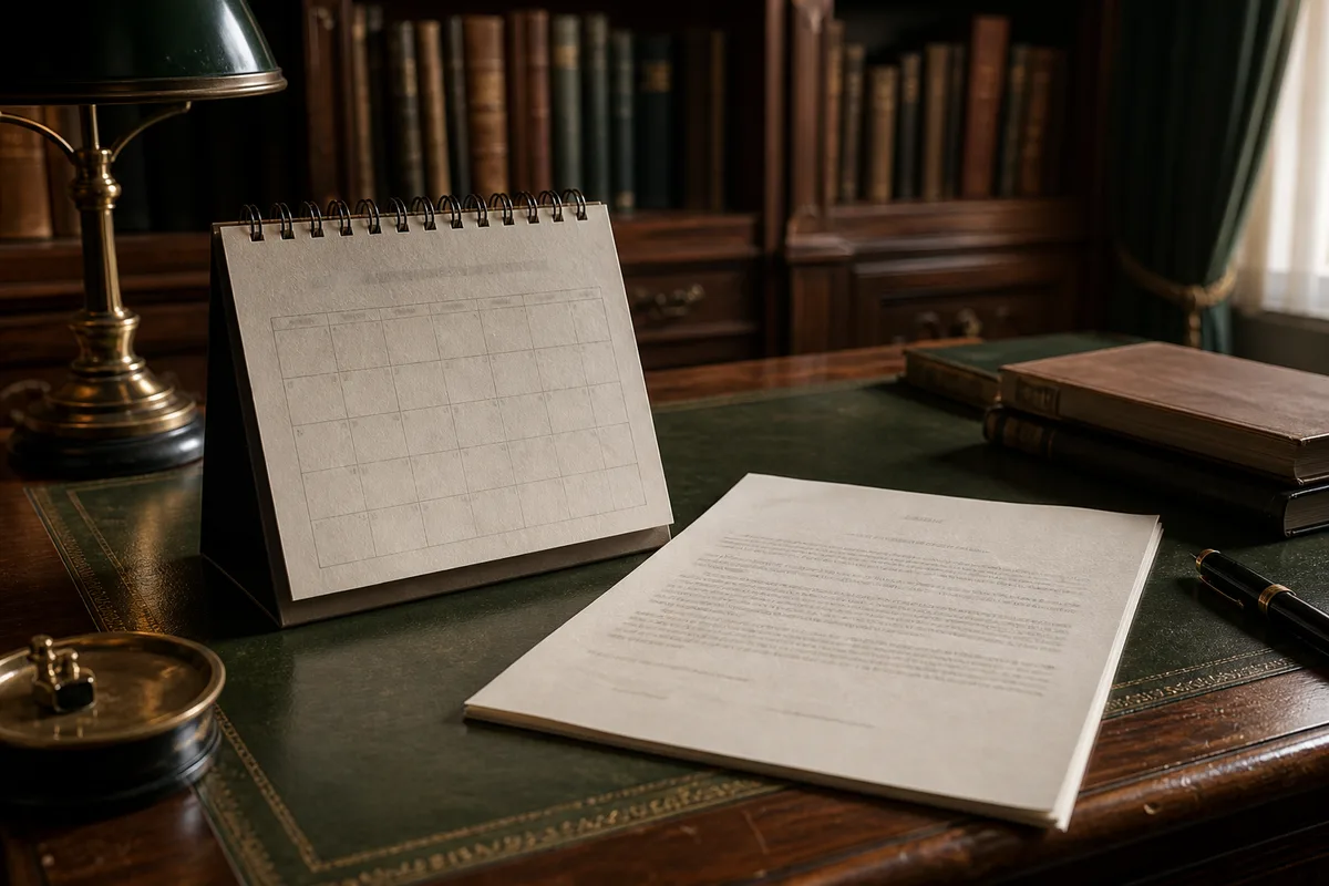 Calendrier et notification de jugement posés sur un bureau