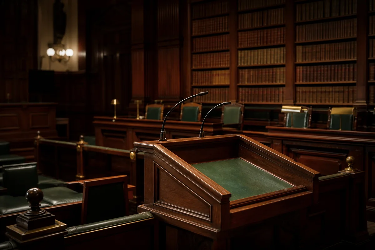 Salle d&rsquo;audience d&rsquo;une cour d&rsquo;appel avec le pupitre des avocats