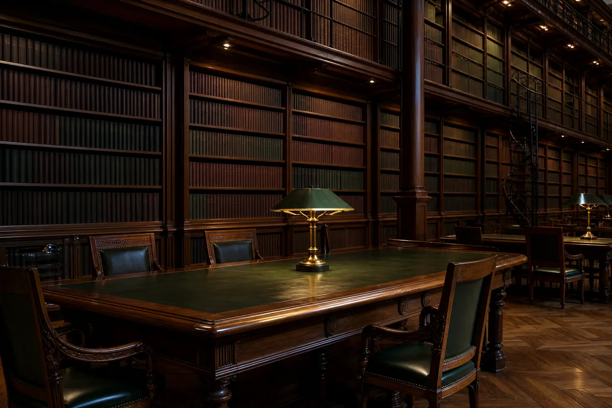 Salle d'audience vide, barre et bancs de bois vus depuis le fond de la salle