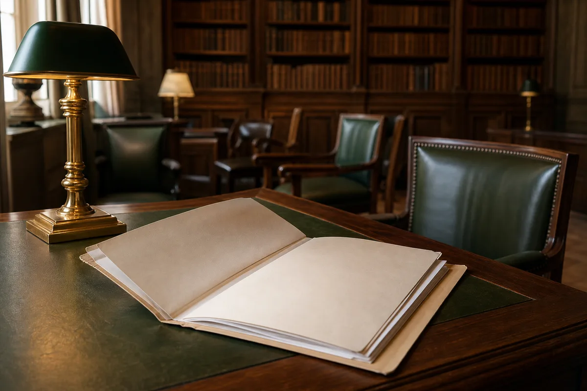 Dossier de procédure ouvert sur une table dans une salle d’attente du tribunal
