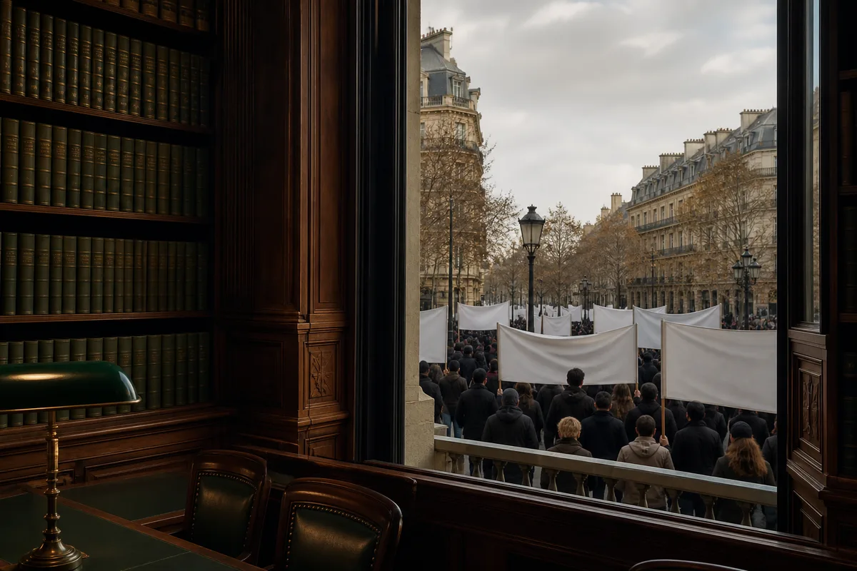 Cortège de manifestants avec banderoles dans une avenue urbaine
