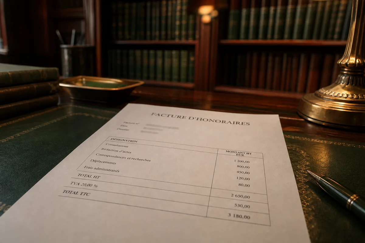 Détail d&rsquo;une facture d&rsquo;avocat avec ligne de frais et mention de TVA